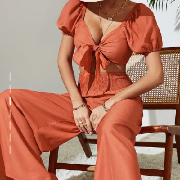 Women's Solid Color Tie Front Crop Top With Matching Wide Let Pants Set - Picture 3 of 5